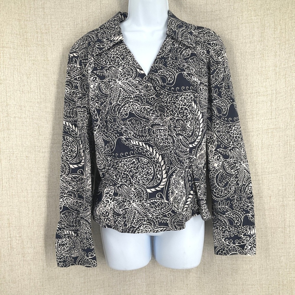 Talbots Collection Top Womens 12 Navy Blue Cotton Paisley Ornate Zip Classic Vtg